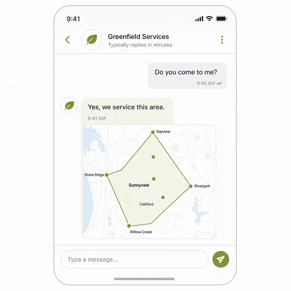 Messenger conversation mockup with a service area map shared as a reply