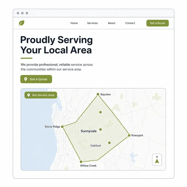 Website mockup showing a service area map on a contact page