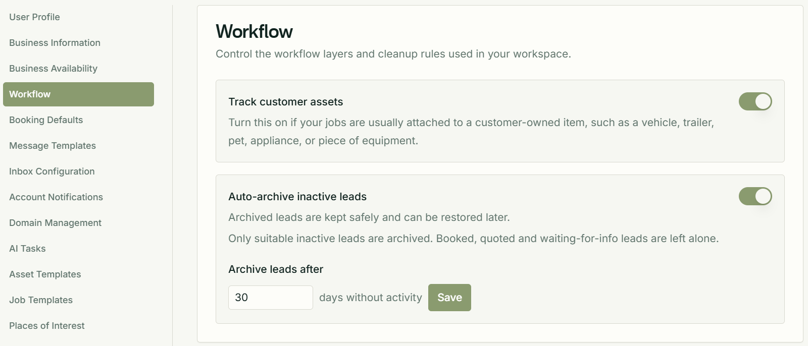 Auto-archive inactive leads setting in MobiFlex workspace settings
