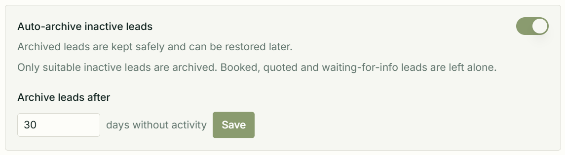 Auto-archive inactive leads setting in MobiFlex workspace settings
