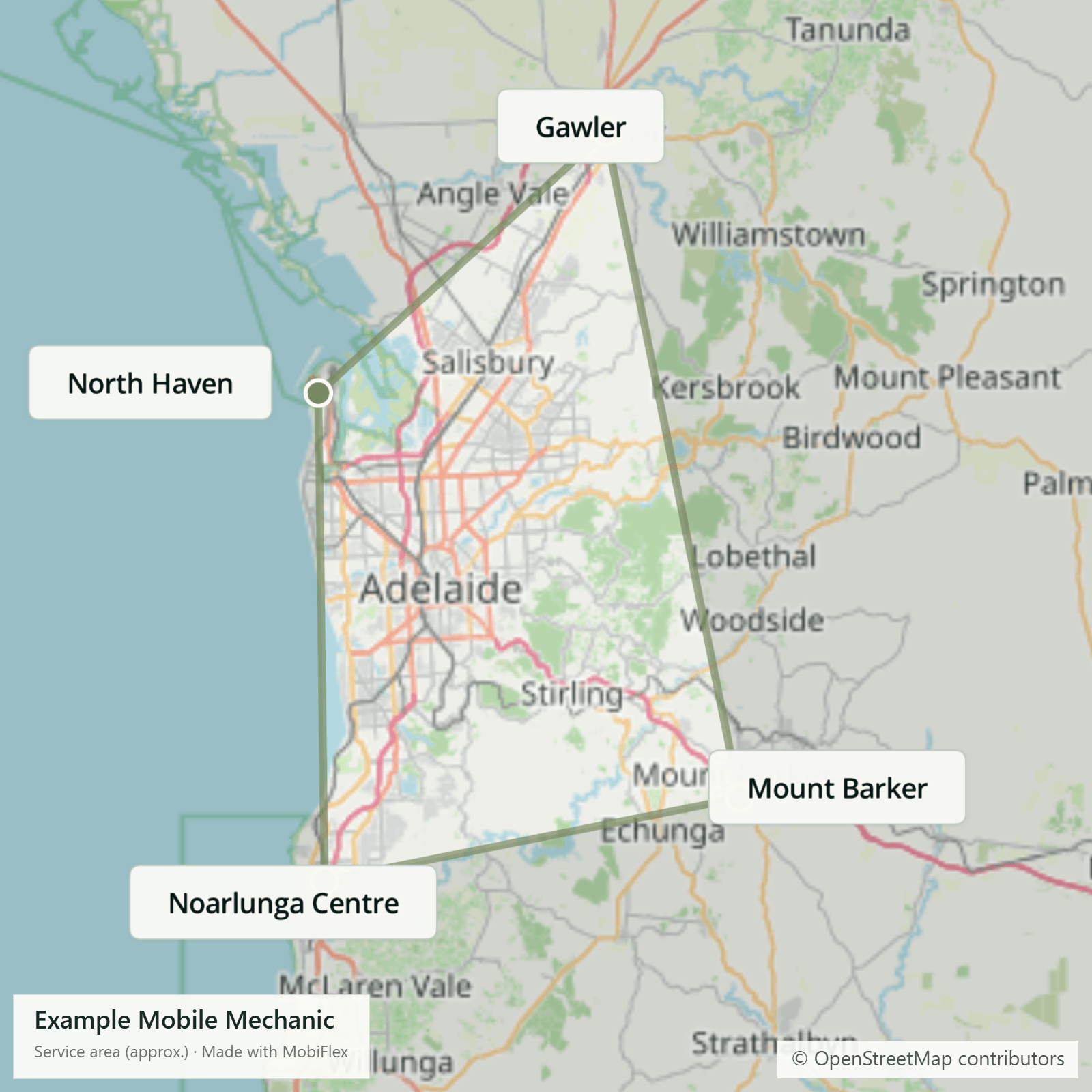 Example service area map showing suburbs around Adelaide with a shaded service boundary
